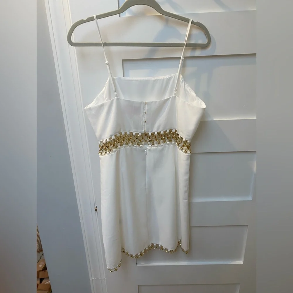 Audrey Parks white with gold chain hardware mini dress